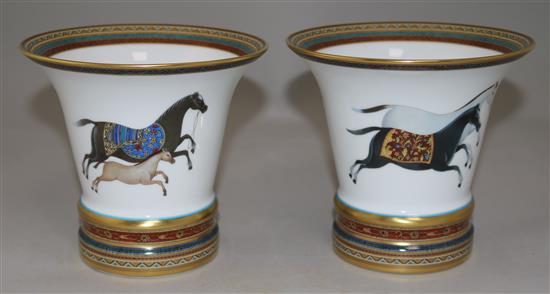 A pair of Hermes Cheval dOrient pattern bell shaped vases, height 13.5cm, together with original boxes